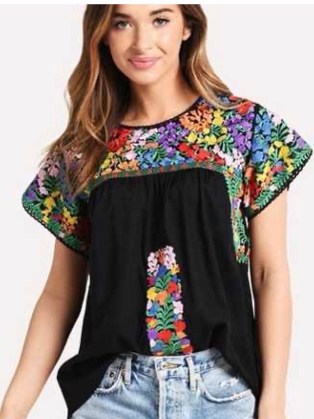 Black Floral Embroidered Peasant Blouse